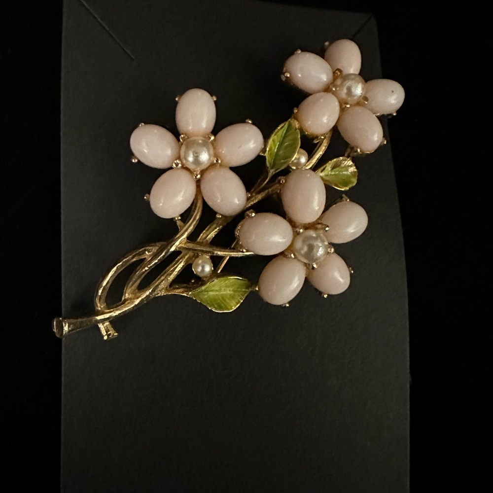 Vintage Pink and Gold Floral Brooch with Pearl Centers